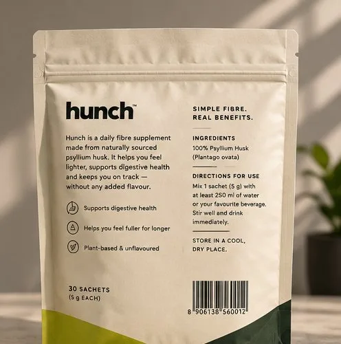 Back of the hunch fiber pouch showing ingredients and directions for use