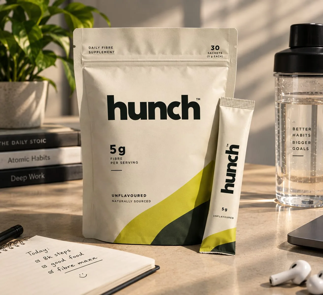 hunch fiber pouch and single-serve stick pack on a desk with a shaker bottle, plant, and notebook